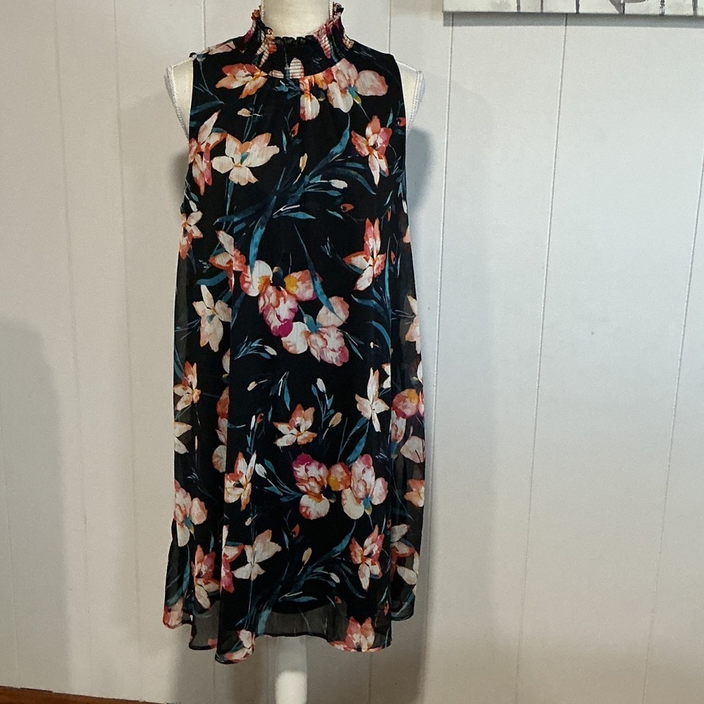 Tommy Hilfiger Black Floral Ruffle-Neck Midi Dress